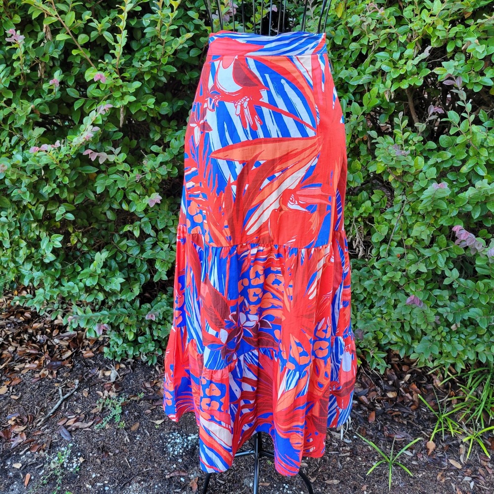 Maude Vivante L Maxi Skirt Red Blue Tropical Parrot Tiered Cotton Summer Artsy